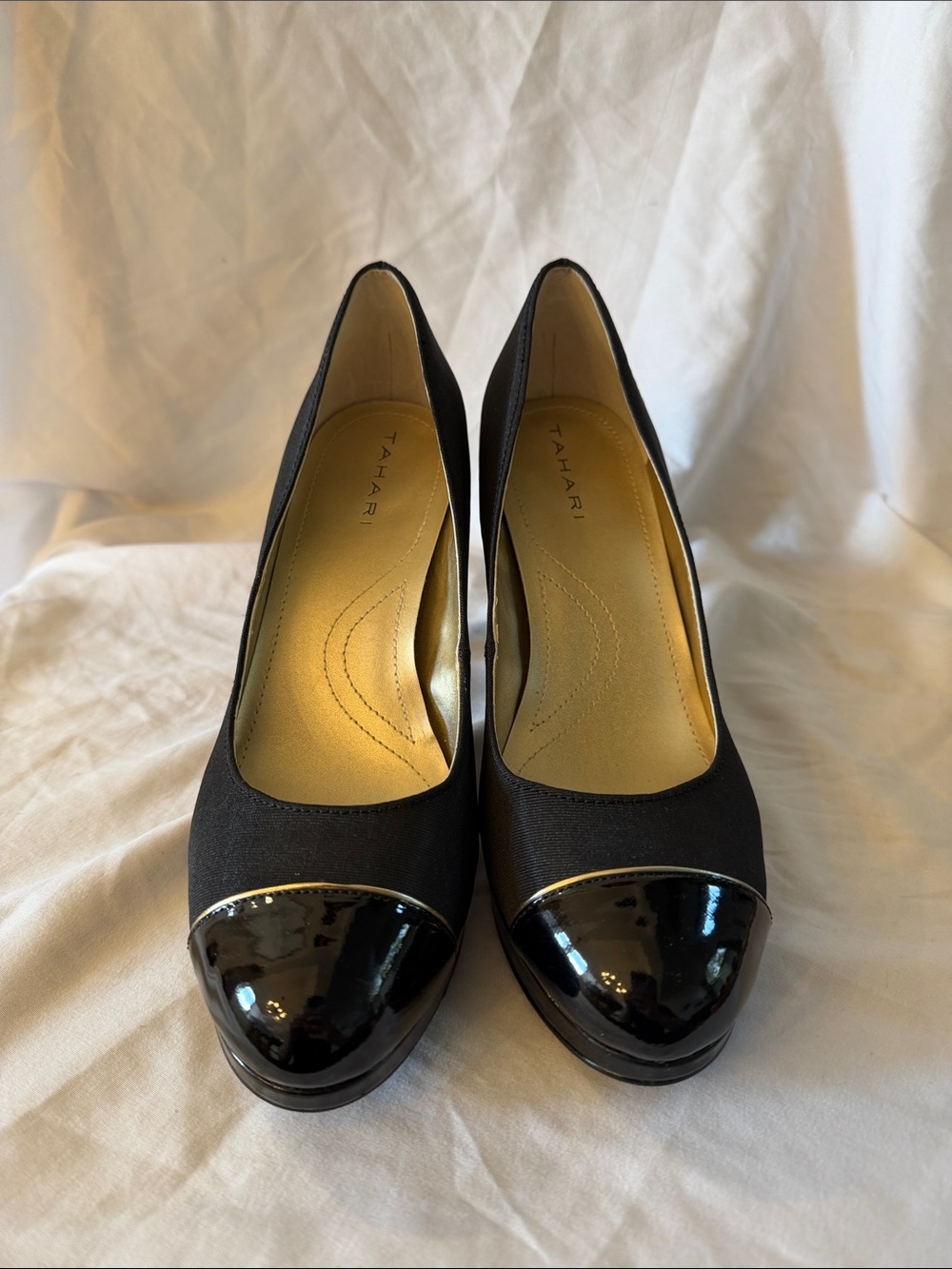 Tahari Black Fabric Pumps with Patent Cap Toe
